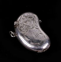 An Edwardian kidney shaped vesta case, with engraved decoration, initialled WGW, Birmingham 1905,