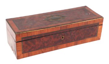 An Edwardian burr walnut travelling playing card case, opening to revel four containers of game