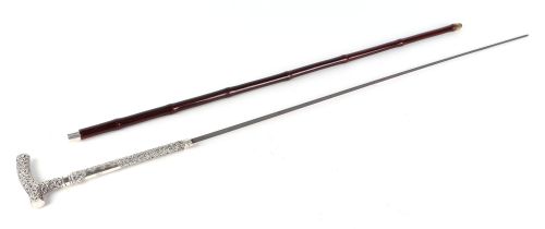 An Edwardian bamboo sword stick, with ornate silver handle, London 1906, having a square tapering