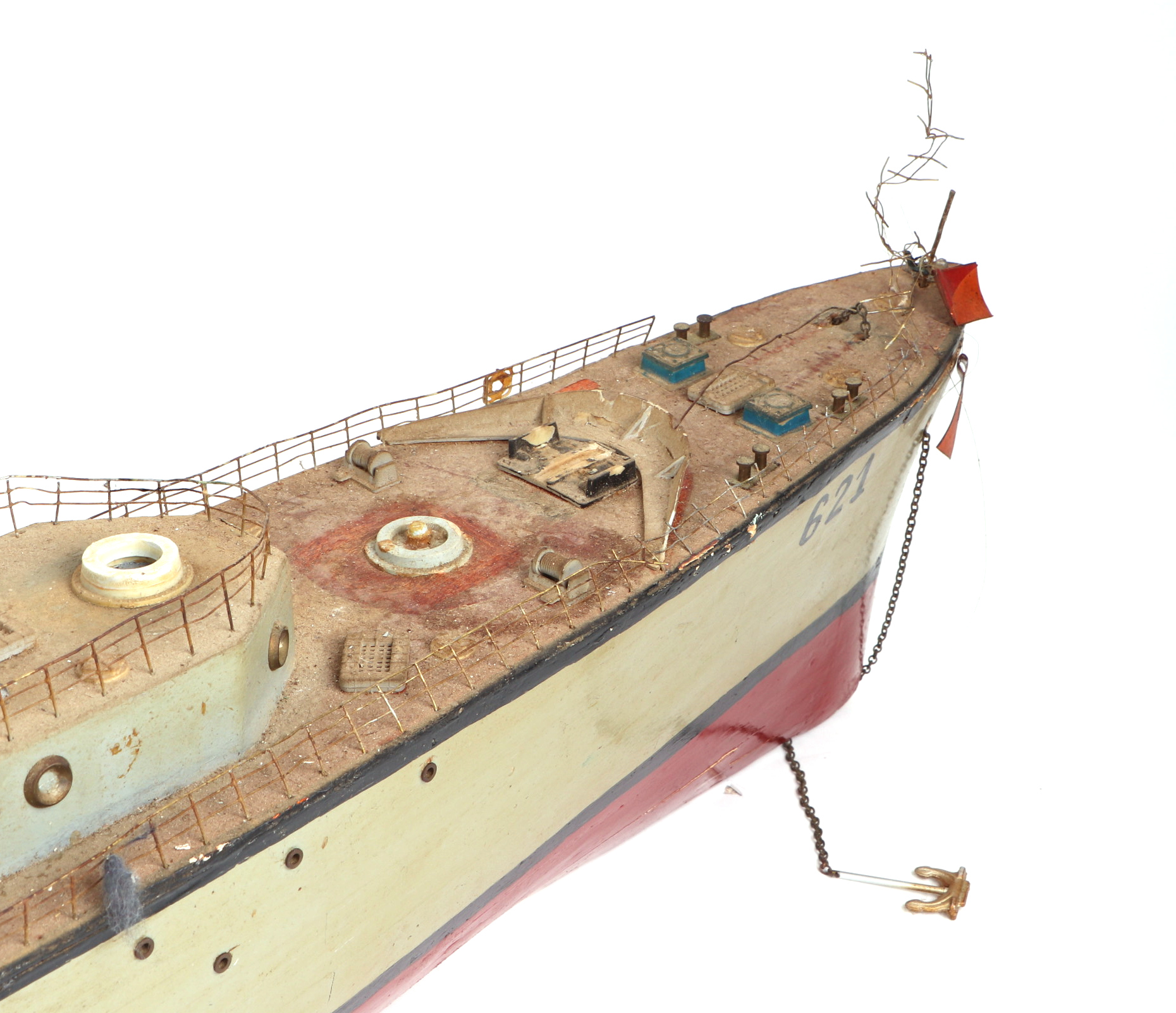 A scratch built model of a warship with painted wooden hull, approx 125cm long; together with - Image 6 of 13
