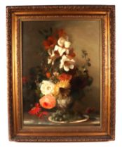 19th century English School -Still Life of Flowers and Grapes - oil on canvas, 43 by 58cm, framed.