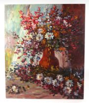 Pascali, still life flowers in a vase, signed lower right corner, oil on canvas, unframed, 51 by