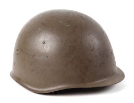 A Soviet Russian SSH39 steel combat helmet, with leather liner and chin strap, numbered I-72.