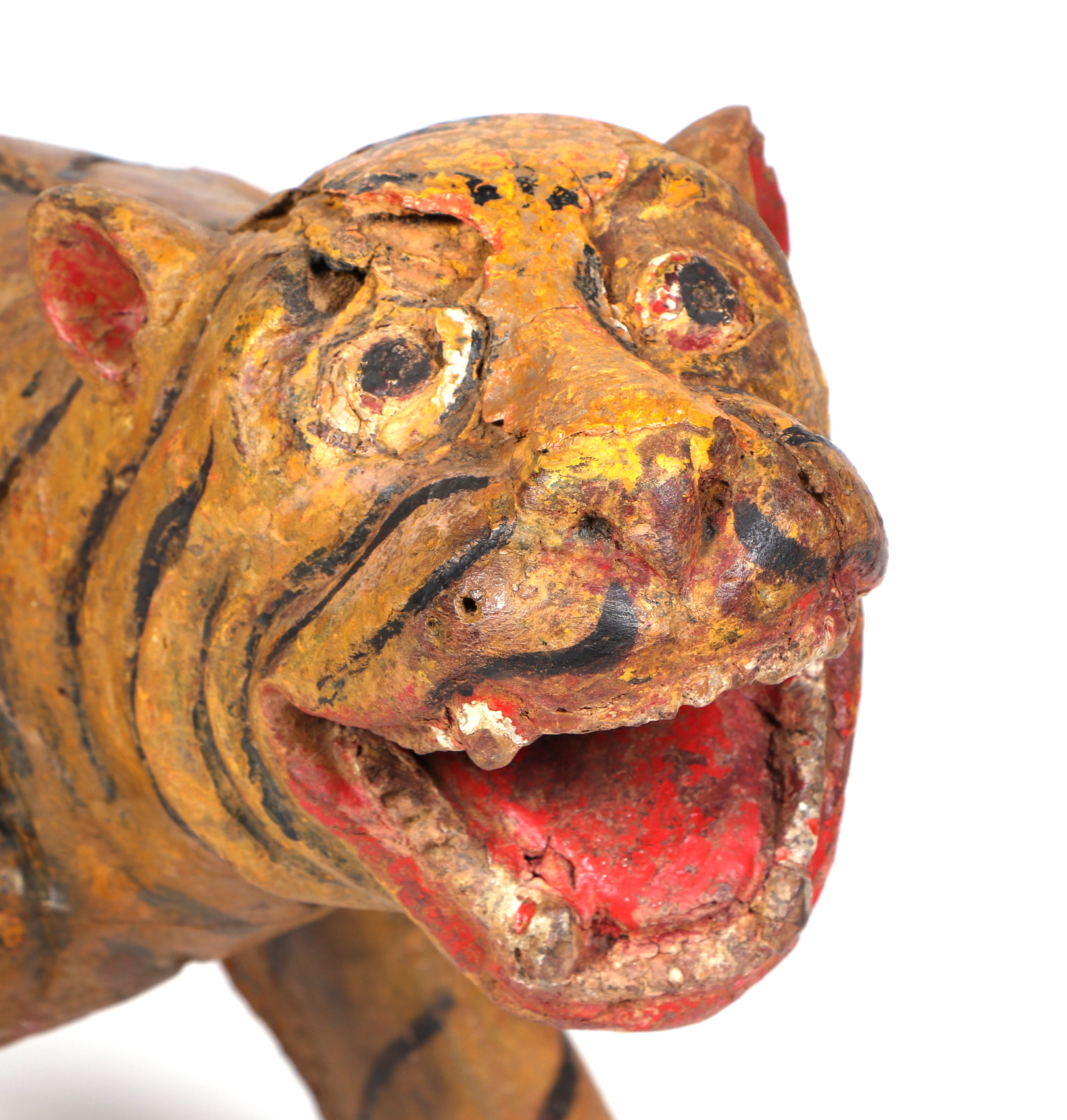 A Burmese carved and painted hardwood tiger (temple guardian), 134cm long. - Image 2 of 7