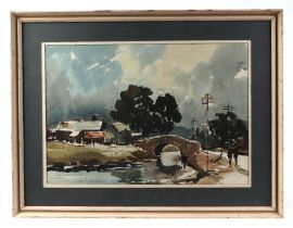 Bosher, river scene with figures on a bridge, signed lower right corner, watercolour, framed and