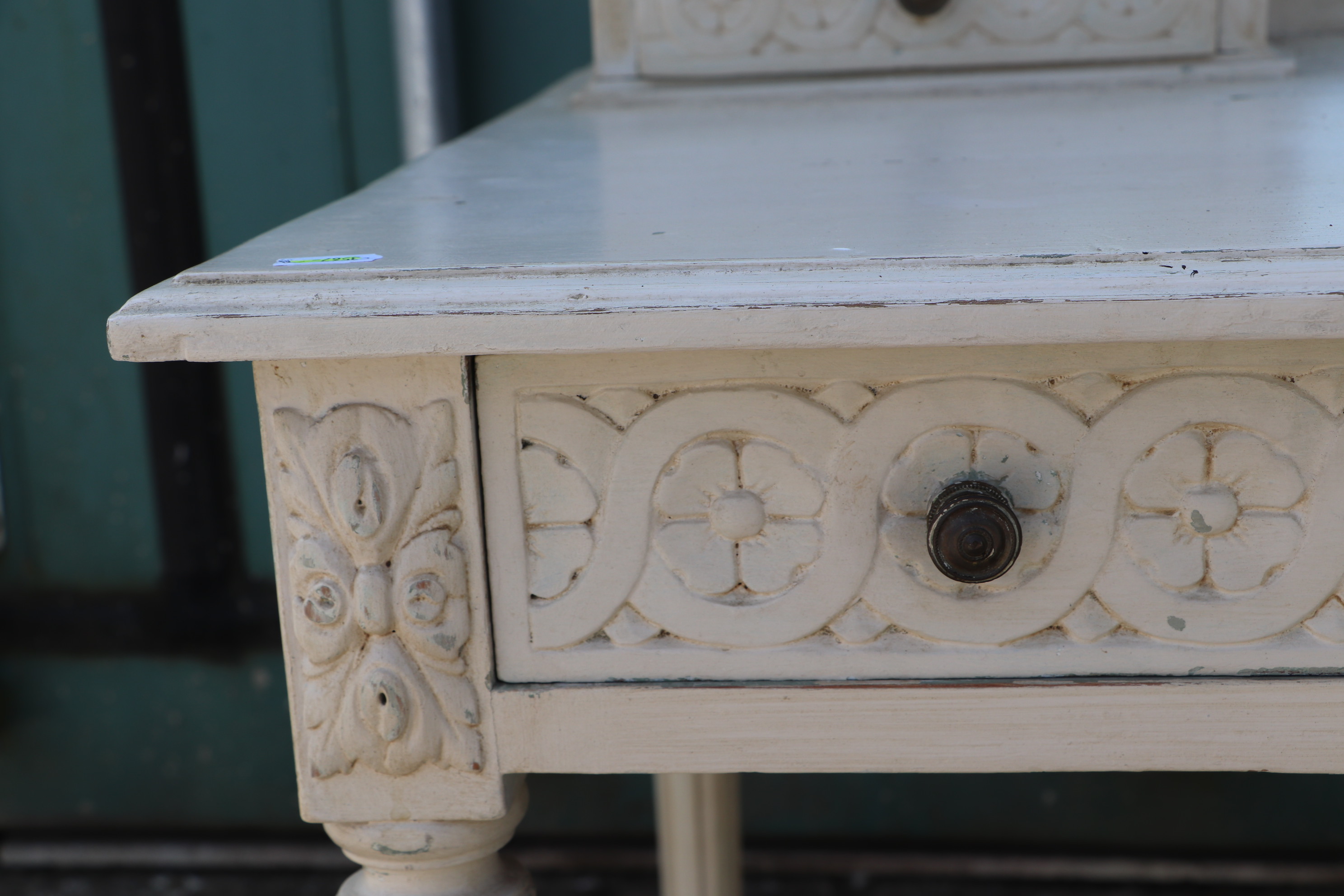 A distressed painted dressing table, with triple mirror, two jewellery drawers, and one frieze - Image 11 of 16