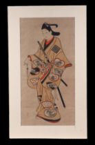 A Japanese coloured wood block print, 25 by 50cm, mounted but unframed.