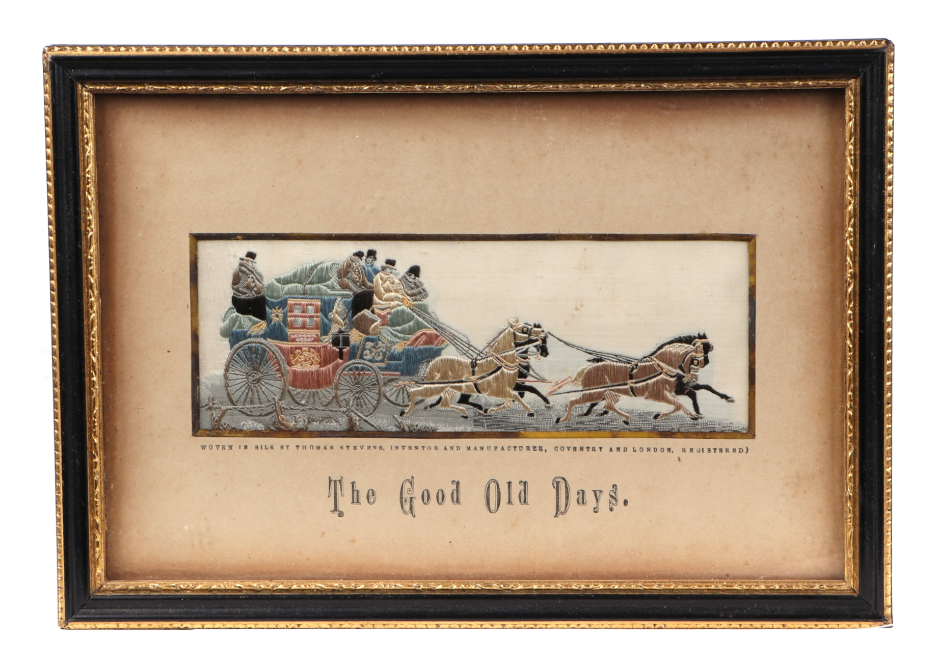 A Victorian Stevengraph, "The Good Old Days", depicting he Royal Mail stage coach and horse, 15 by