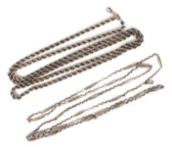 A white metal rope twist longuard chain, together with another fancy link longuard chain, total