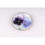 A 925 silver and guilloche enamel pin dish decorated with pansies, 6.5cm diameter.