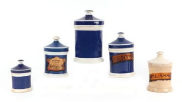 A group of five Victorian apothecary jars and covers, including EX HYOSCY, EXT ANTHEM, PIL ASSAF & C