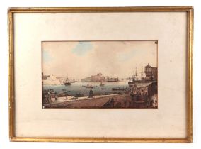 18th century continental school - Grand Harbour, Malta - watercolour, 31 by 18cm, framed.