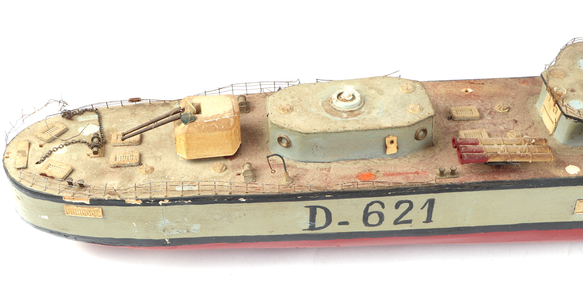 A scratch built model of a warship with painted wooden hull, approx 125cm long; together with - Image 3 of 13