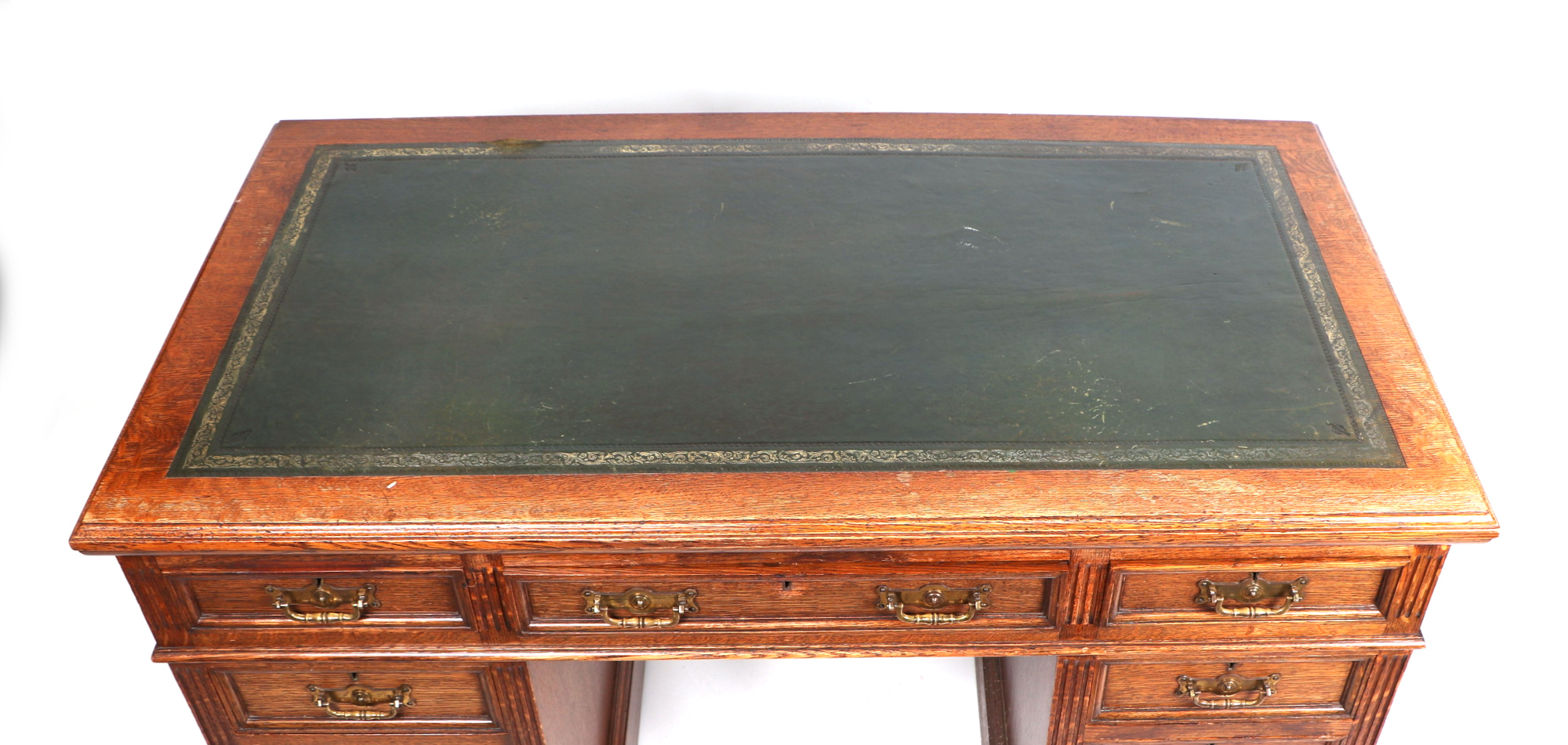 A late 19th pedestal desk, rectangular top with green inset leather, above an arrangement of nine - Image 2 of 8