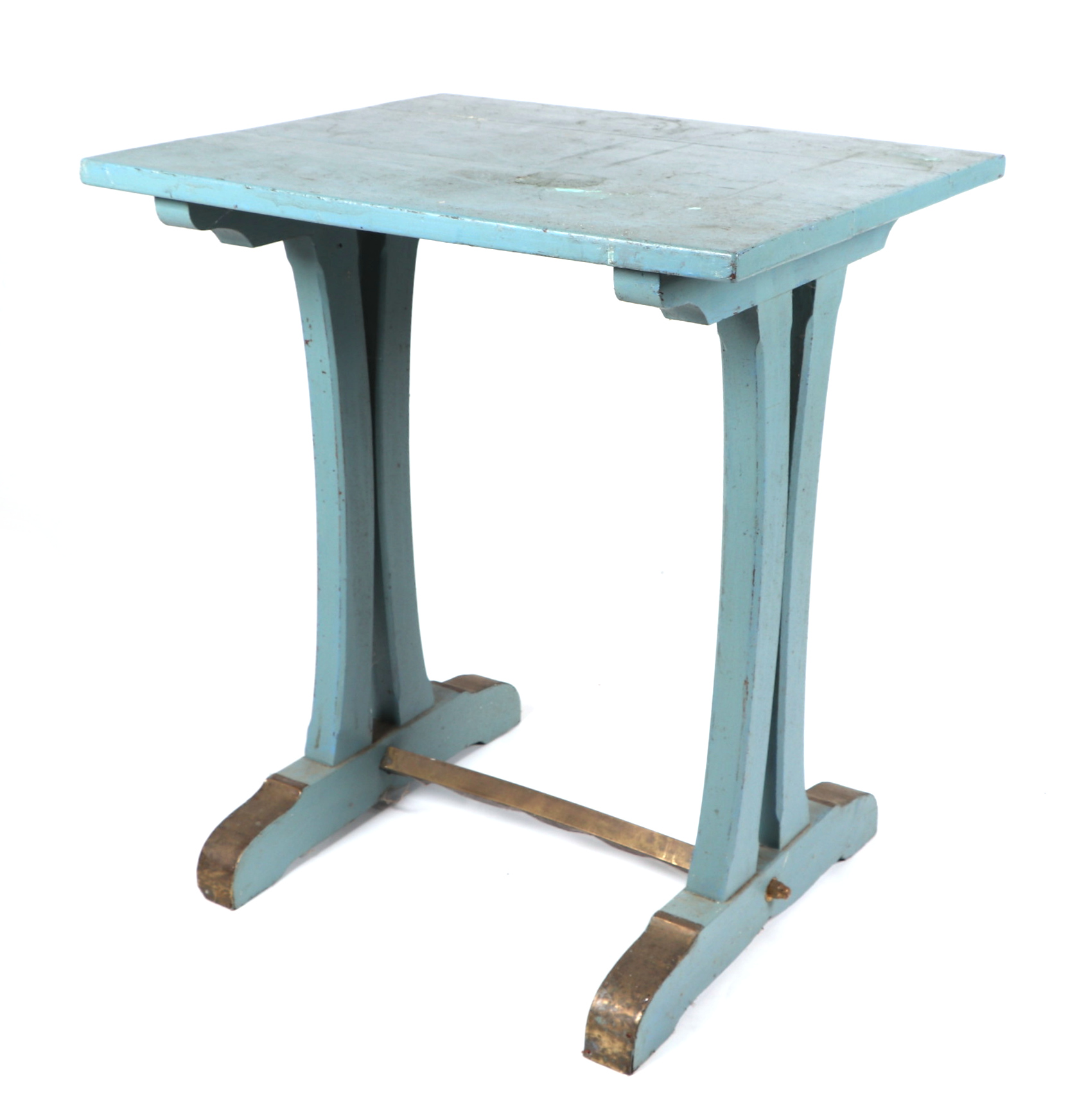 An early 20th century painted wooden tavern table, having a rectangular top on trestle supports,