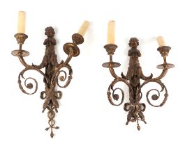 A pair of gilt bronze wall lights (af), 43cm high. Condition Report The screw thread to one has worn