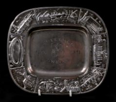 A Swedish white metal commemorative dish, engraved Goteborg, Sweden, 1627-1971, with panels