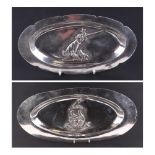 A silver oval salver (500 grade) with armorial, 51cm wide, and a matching dish, 20cm wide, 1059g (
