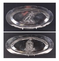 A silver oval salver (500 grade) with armorial, 51cm wide, and a matching dish, 20cm wide, 1059g (