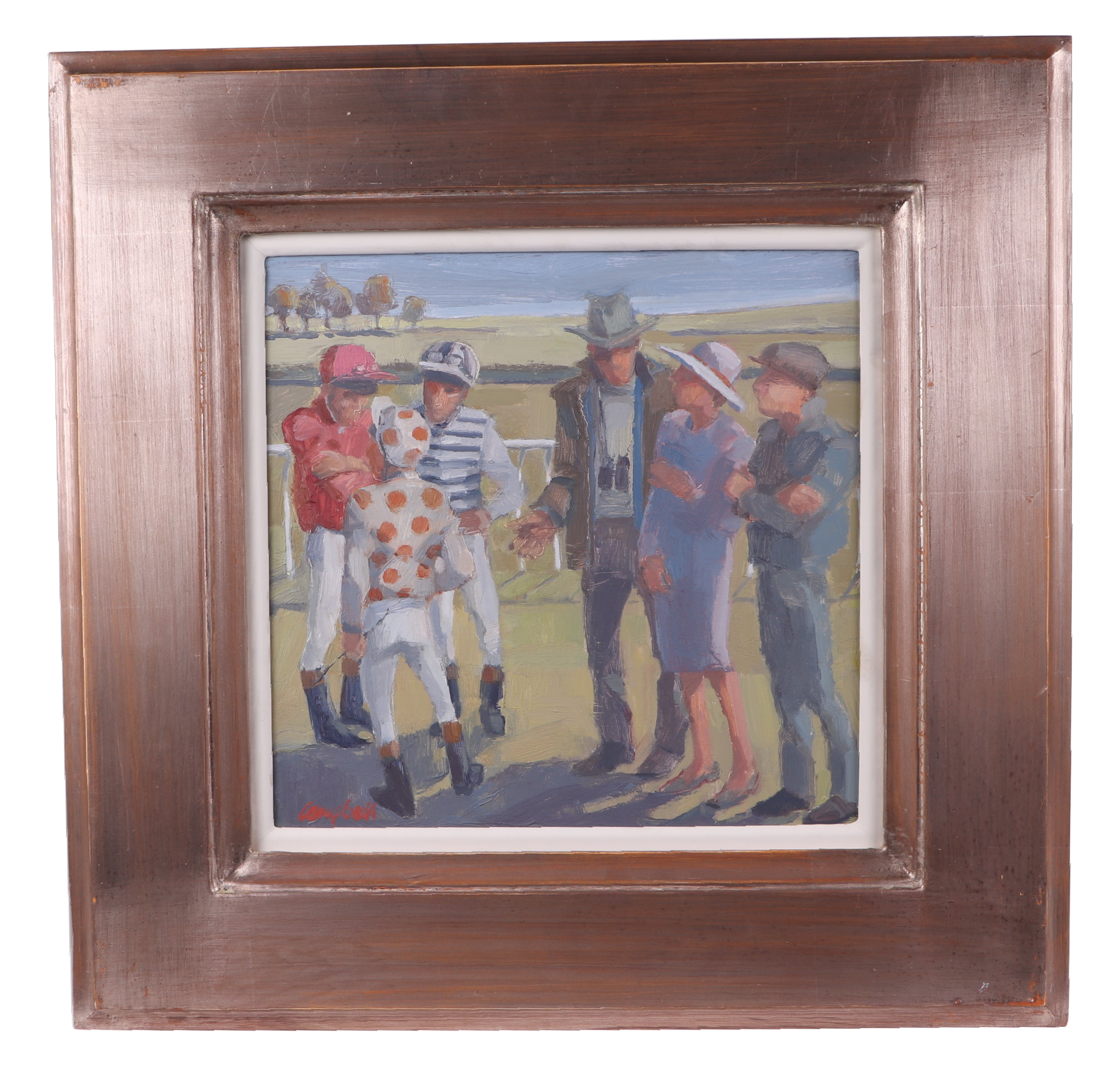 Campbell (Modern British), at the horse races in the paddock with owners and jockeys talking, oil on