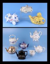A small collection of collectors tea pots, including a Saddler OK T42 racing car teapot, a Mo Gone
