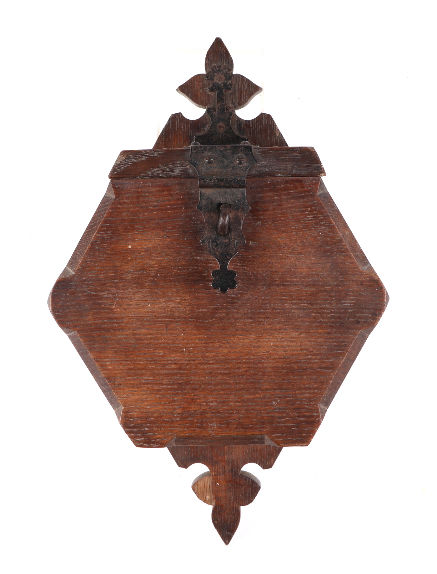A late Victorian gothic revival oak church wall mounted collection box, having iron strap work