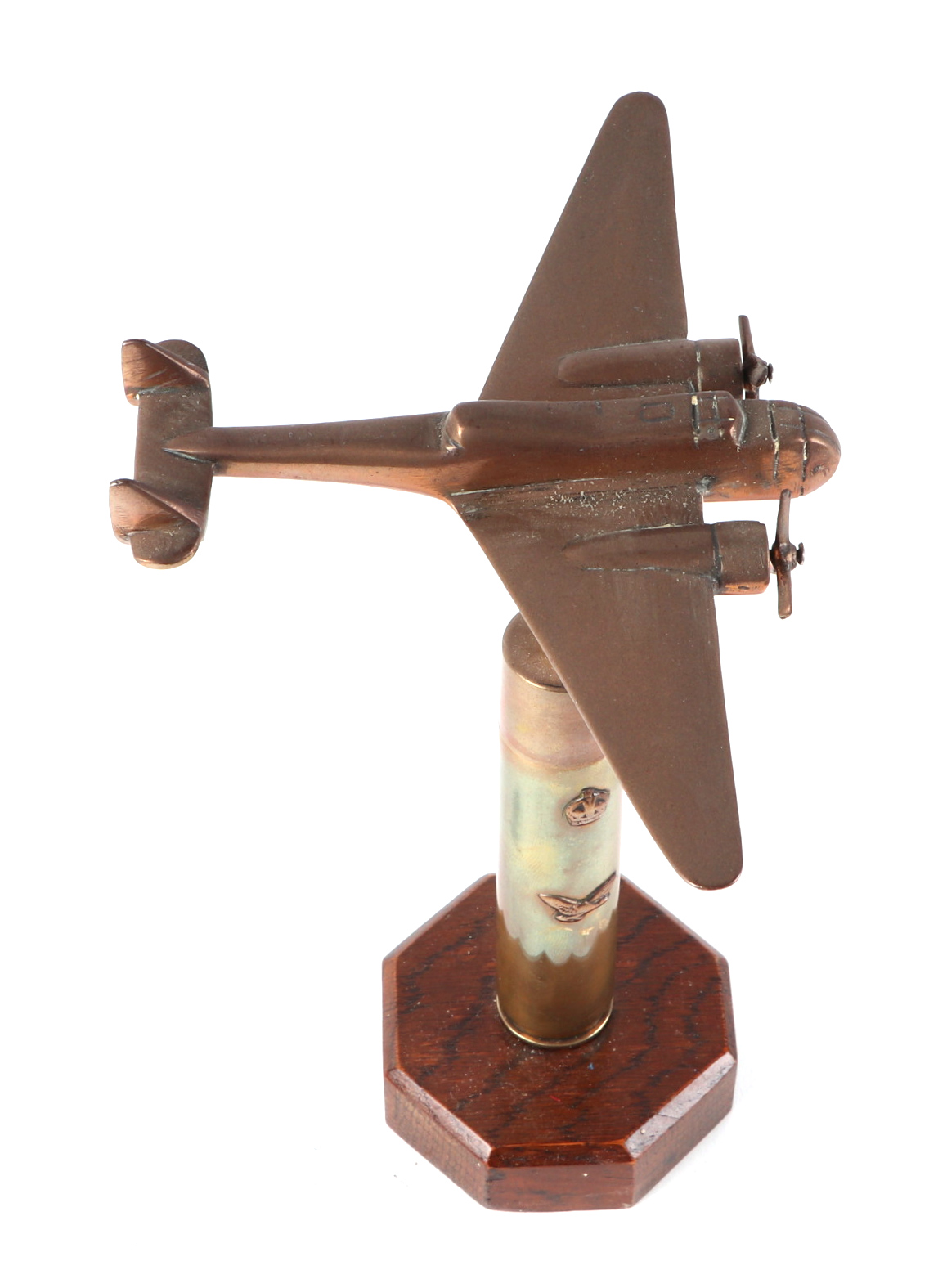A trench art cast brass model of Blenheim Light bomber aircraft, mounted on a brass plinth, wingspan - Image 2 of 2