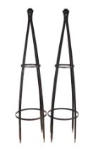 A pair of well weathered, heavy iron strap work garden obelisks, with ball finial, each approx 200cm