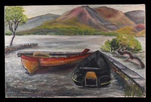 Denise Witcombe, moored boats, oil on canvas, unframed, 77 by 51cm.