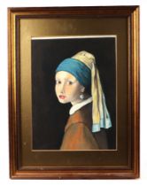 After Vermeer, "Girl with a pearl earring", watercolour, framed and glazed, 23 by 30cm.