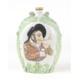 A pearlware flask decorated with a gentleman smoking a clay pipe, 19cm high.