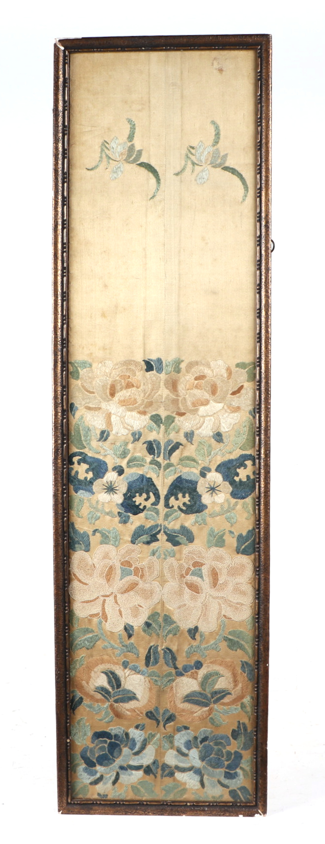 A Chinese embroidered silk sleeve panel decorated with flowers and foliage, 18 by 73cm; together - Image 2 of 8