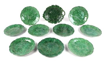 A group of Victorian majolica green leaf plate, 21.5cm diameter, together with a similar side