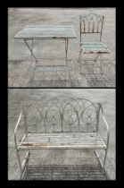 A painted metal garden bench, together with a single chair and rectangular folding table (3).