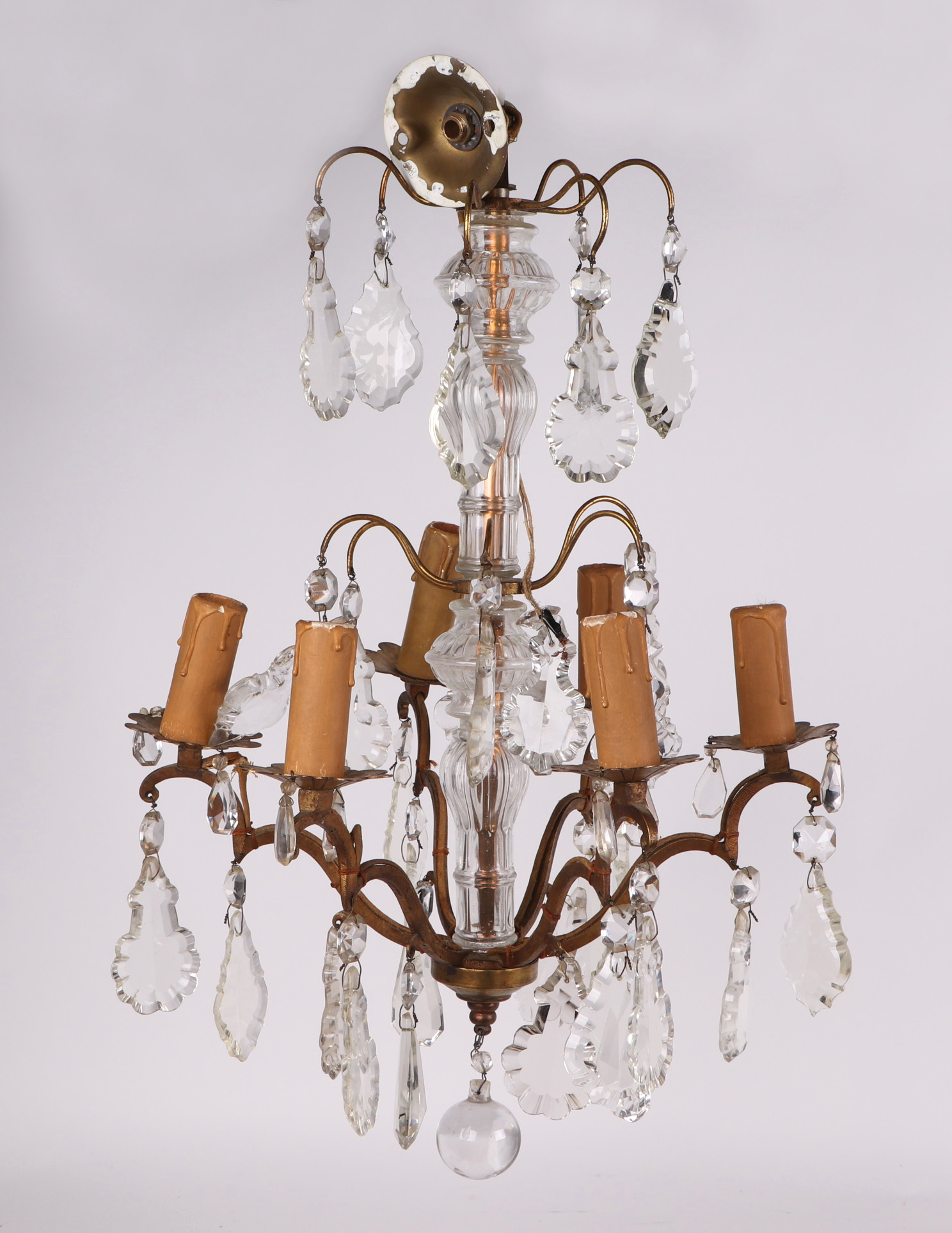 A glass and gilt metal six branch chandelier, with prismatic drops, approx 34cm wide, and two - Image 2 of 4