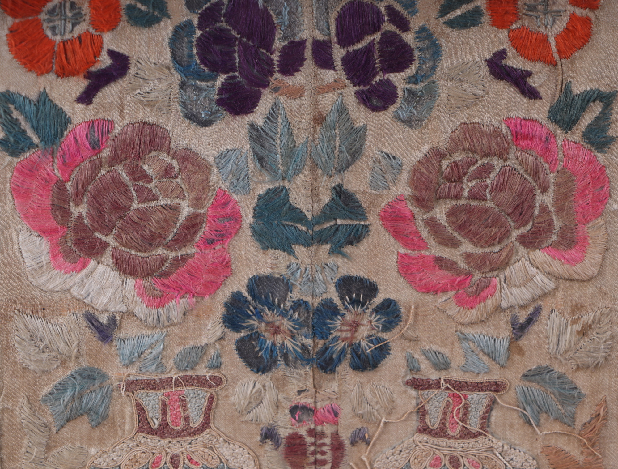 A Chinese embroidered silk sleeve panel decorated with flowers and foliage, 18 by 73cm; together - Image 5 of 8