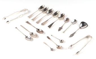 A group of silver spoons and sugar tongs, various dates and makers marks, 220g.