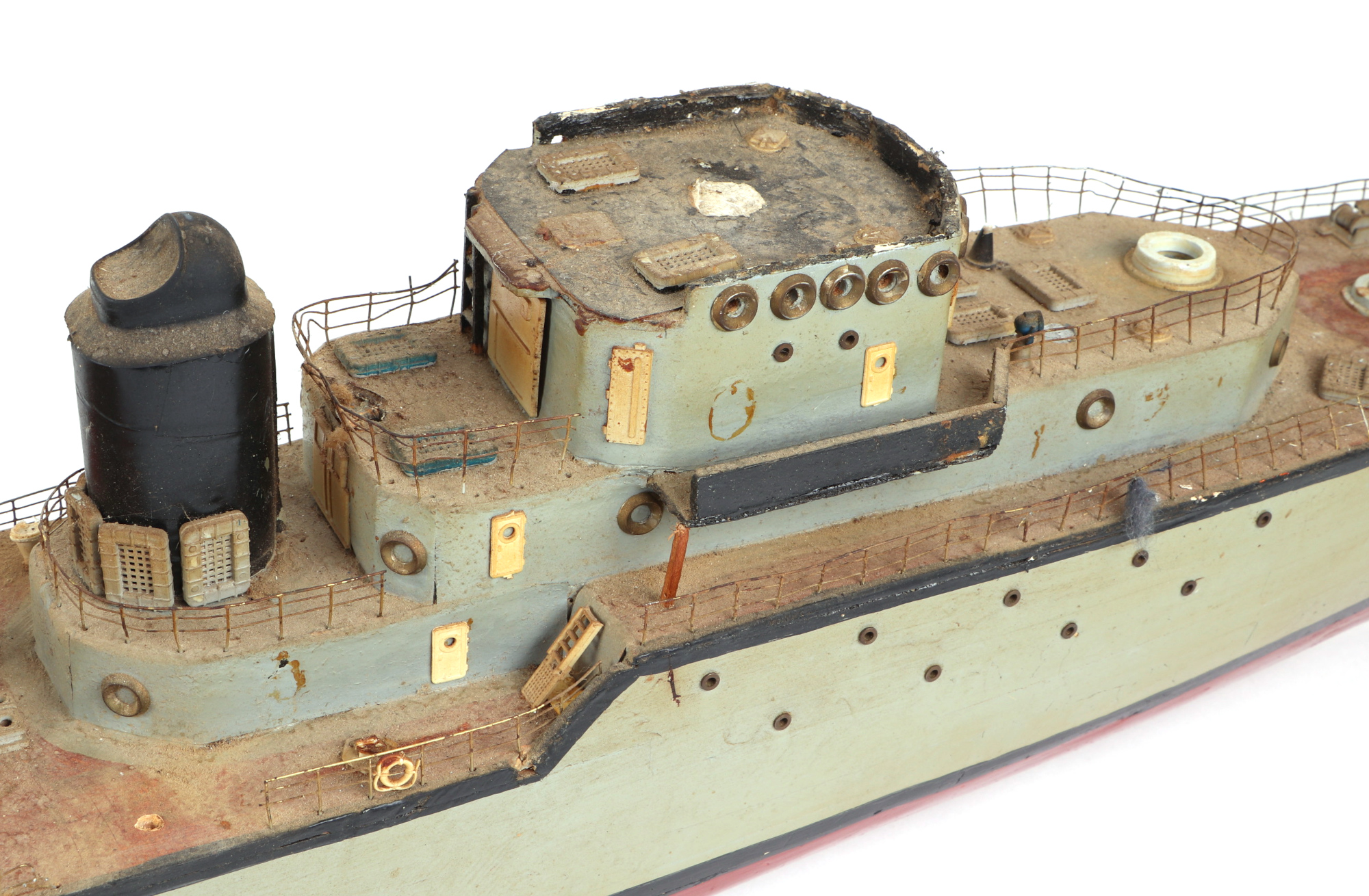 A scratch built model of a warship with painted wooden hull, approx 125cm long; together with - Image 5 of 13