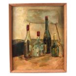 N Hale (Modern British), still life of wine bottles, oil on board, framed, 39 by 49cm.
