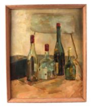 N Hale (Modern British), still life of wine bottles, oil on board, framed, 39 by 49cm.