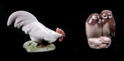 A Royal Copenhagen figure of a cockerel 9cm high, together with another, a pair of owls, 8.5cm