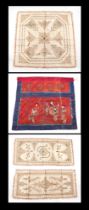 Three Arabic silk and bullion wire embroidered panels, largest 78 by 78cm, together with a Chinese
