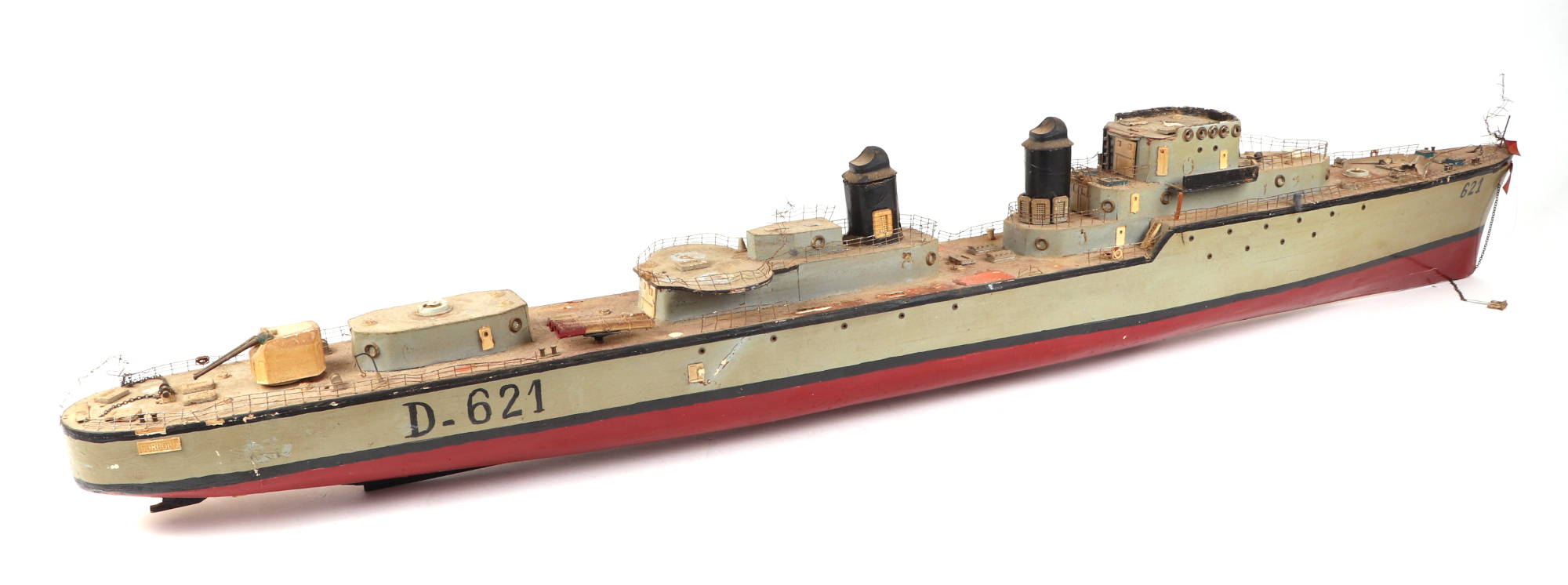 A scratch built model of a warship with painted wooden hull, approx 125cm long; together with - Image 2 of 13