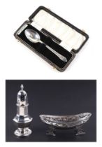 A silver George III style sugar caster, of traditional from, Birmingham 1937, an Art Nouveau navette