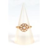 An antique 9ct gold seed pearl and diamond ring, 2.9g, approx. UK size L