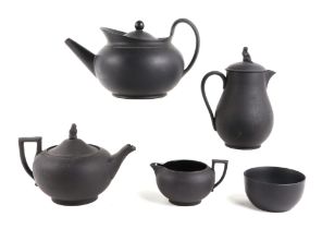 A 19th century Wedgwood black basalt Parapet teapot and cover, approx 27cm wide, with correspondence