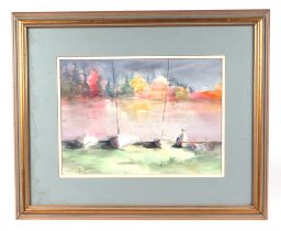 Kelly Moore (Modern British), "Boats on the foreshore", watercolour, signed lower left, 35 by