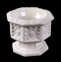 A Royal Worcester parian ware miniature traveling baptismal font, in original silk lined leather