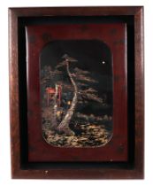A Japanese lacquer panel, depicting a tree within a landscape, 29 by 30cm, framed.