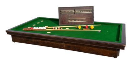 A Gamage's of Holborn table top bar billiard table and accessories, including cues, balls, mushrooms